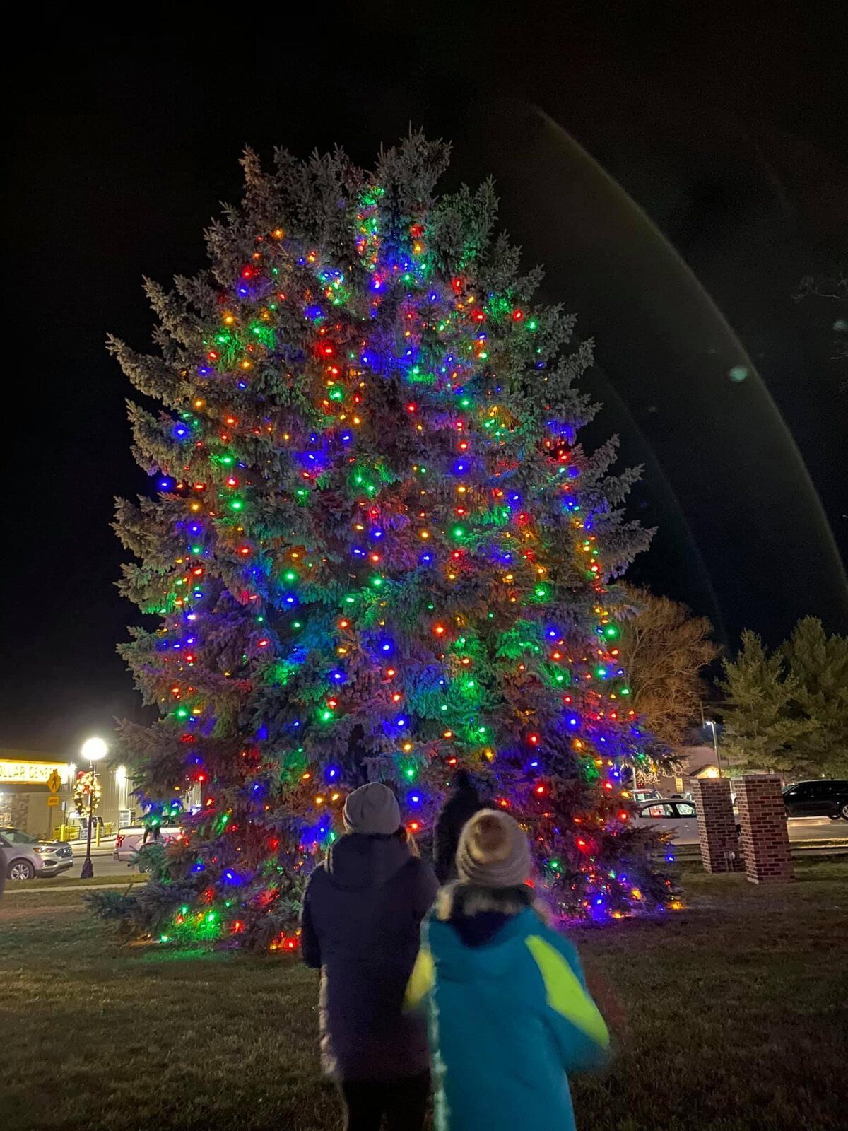 Two visitors look up at a tall spruce covered in colored lights in the village square at night
